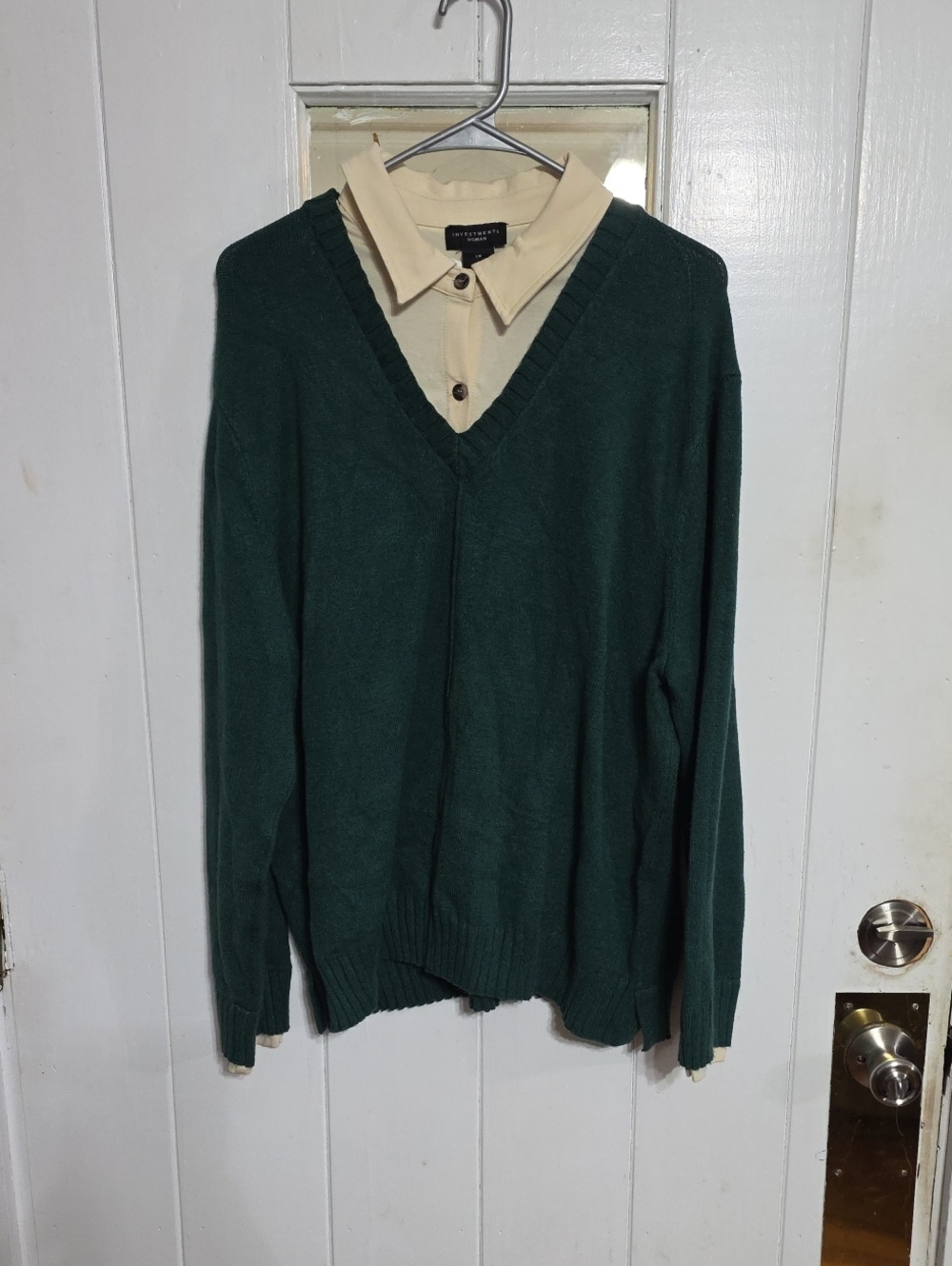 NWT Investments Woman Forest Green V-Neck Sweater W/Faux Layered Shirt Sz 1X